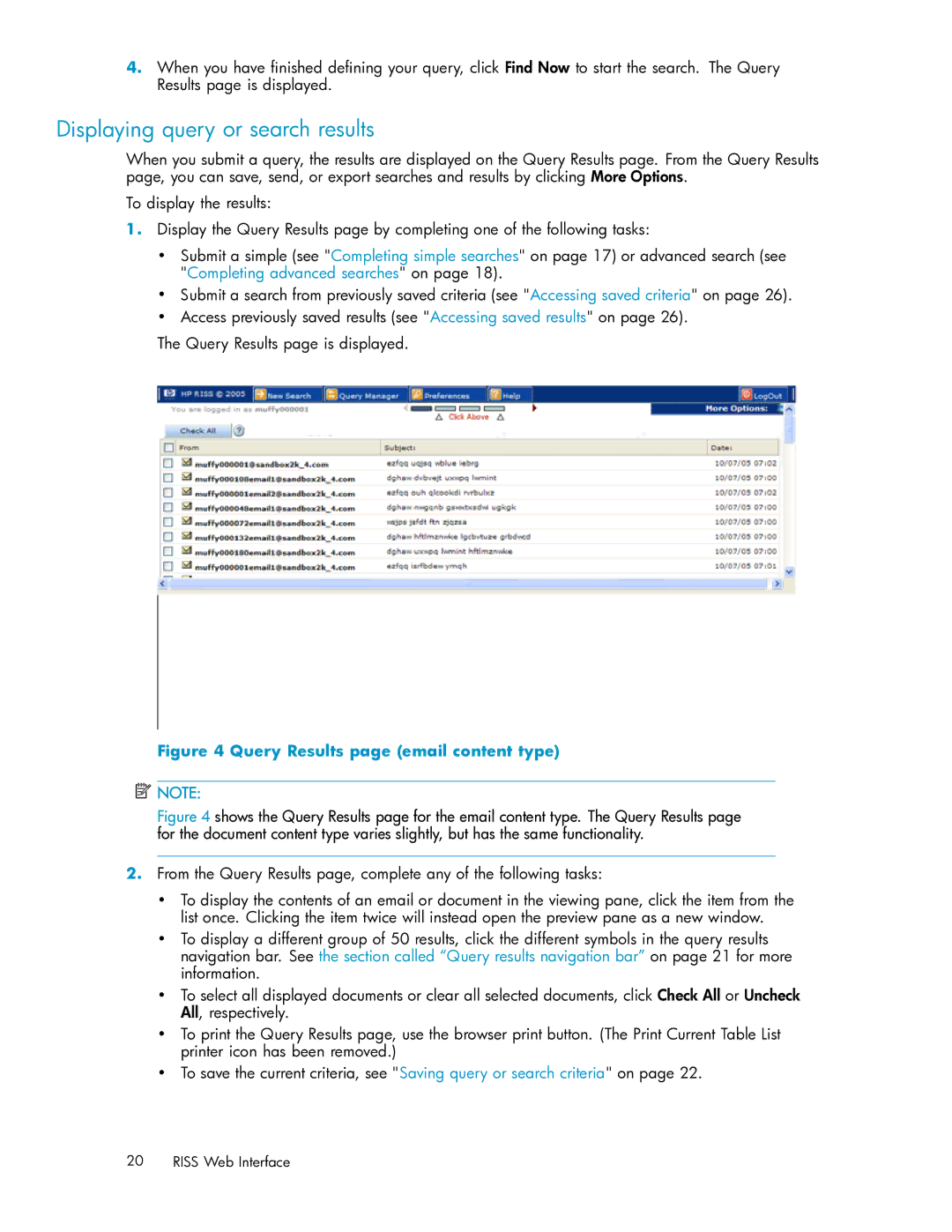 HP RISS Components manual Displaying query or search results, Query Results page email content type 