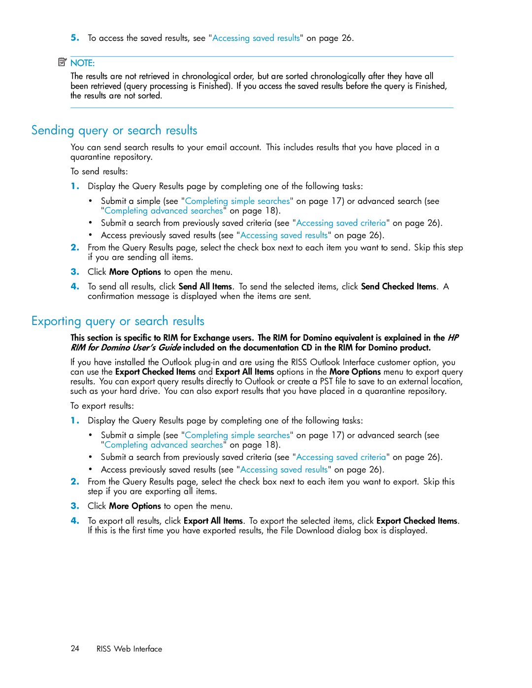 HP RISS Components manual Sending query or search results, Exporting query or search results 