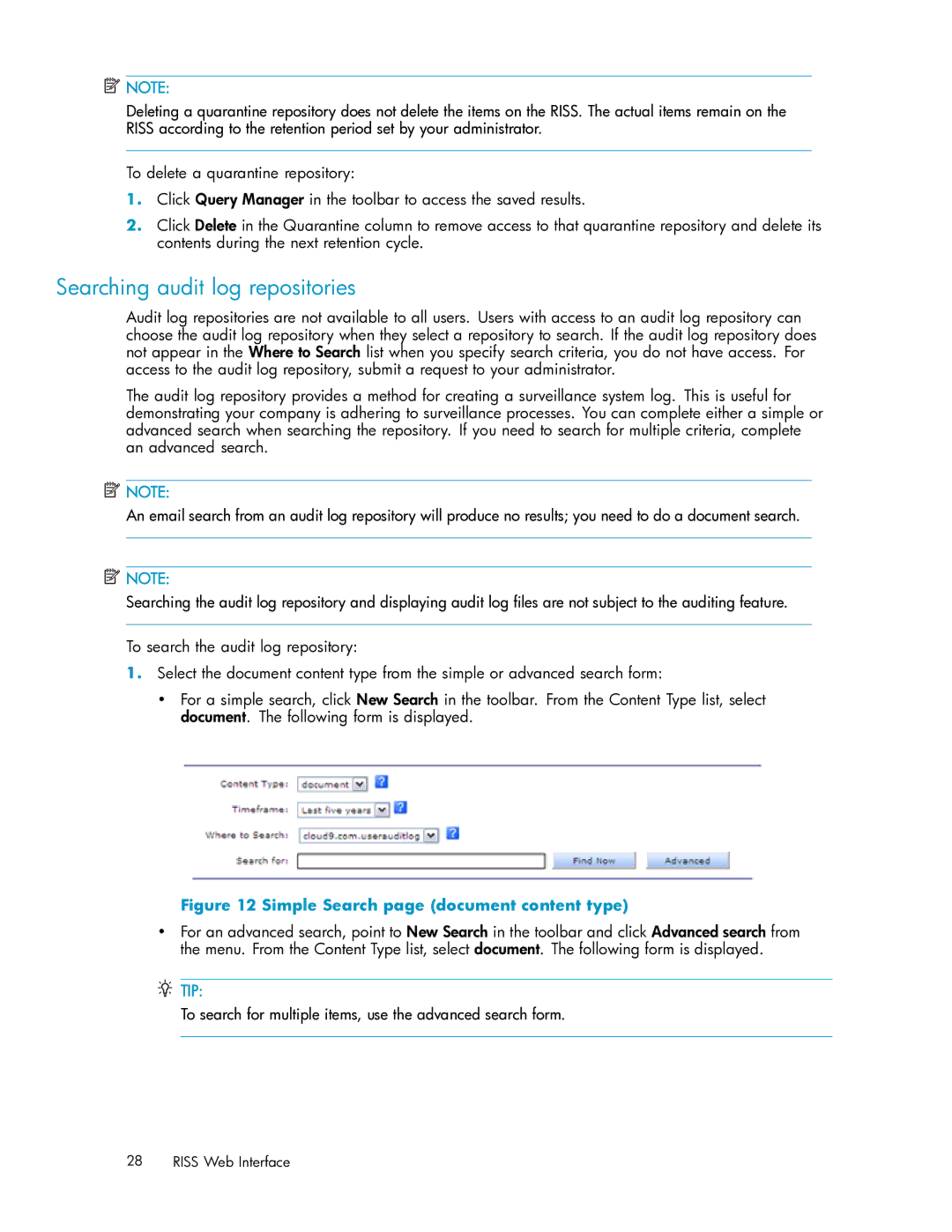 HP RISS Components manual Searching audit log repositories, To search for multiple items, use the advanced search form 