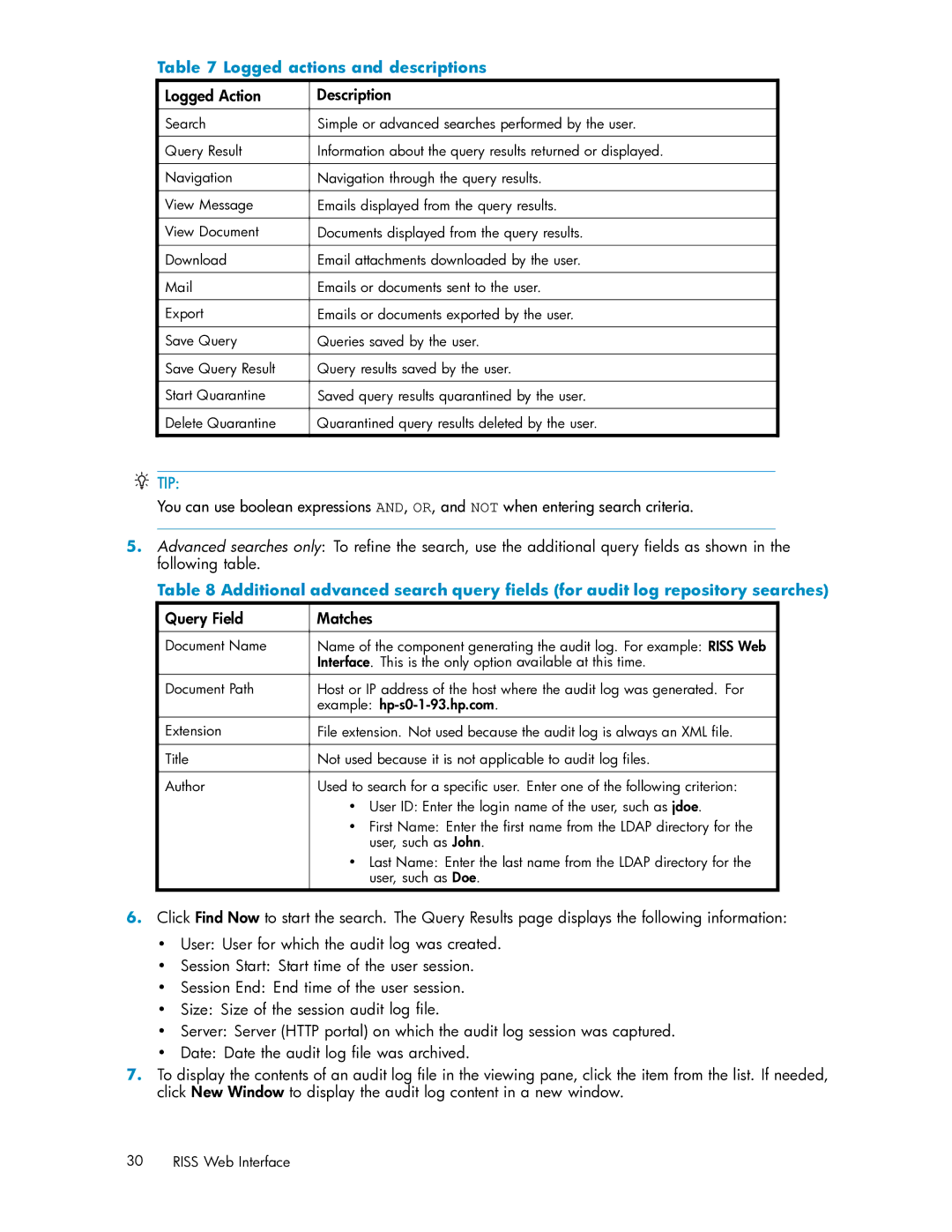 HP RISS Components manual Logged actions and descriptions, Logged Action Description, Query Field Matches 