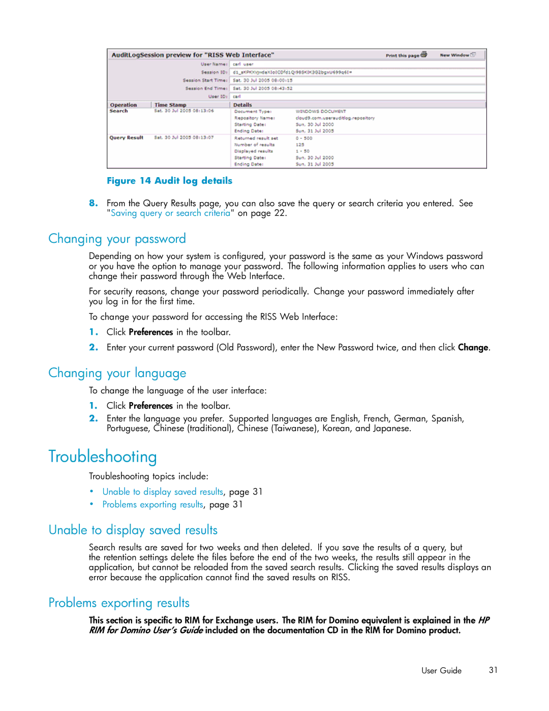 HP RISS Components manual Troubleshooting, Changing your password, Changing your language, Unable to display saved results 