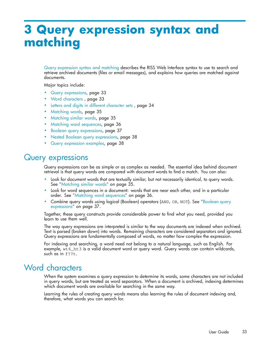 HP RISS Components manual Query expressions, Word characters 