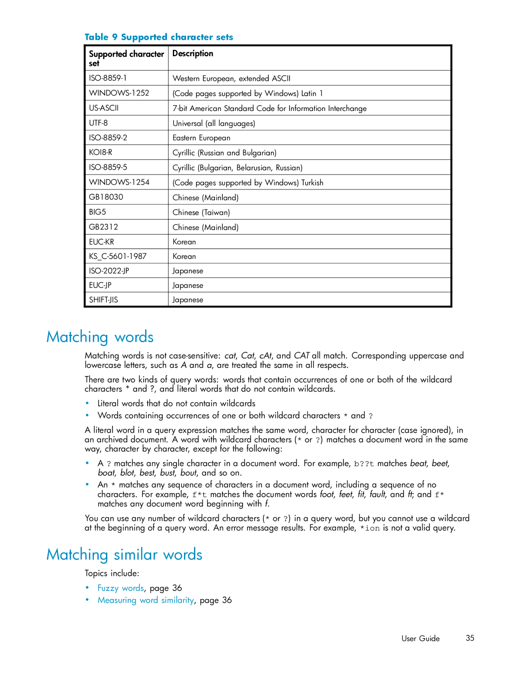 HP RISS Components Matching words, Matching similar words, Supported character sets, Supported character Description Set 