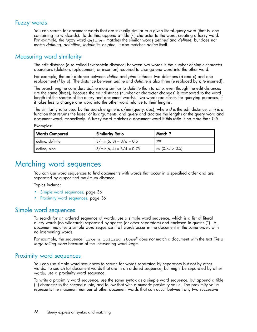 HP RISS Components manual Matching word sequences, Fuzzy words, Measuring word similarity, Simple word sequences 