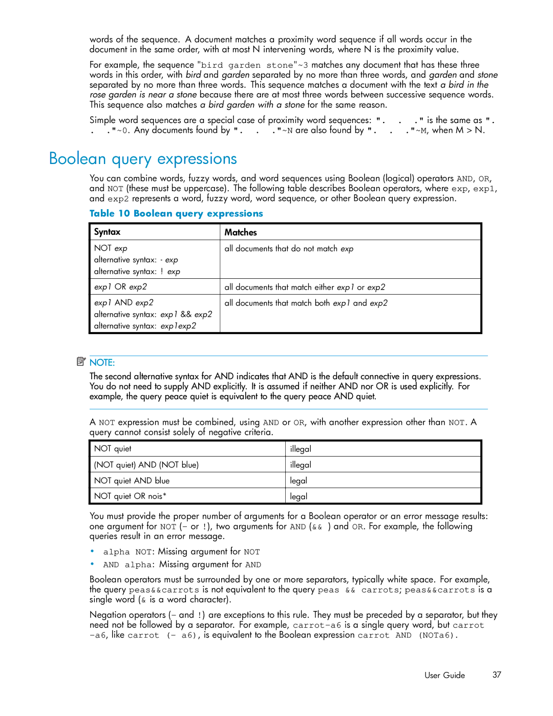 HP RISS Components manual Boolean query expressions, Syntax Matches 