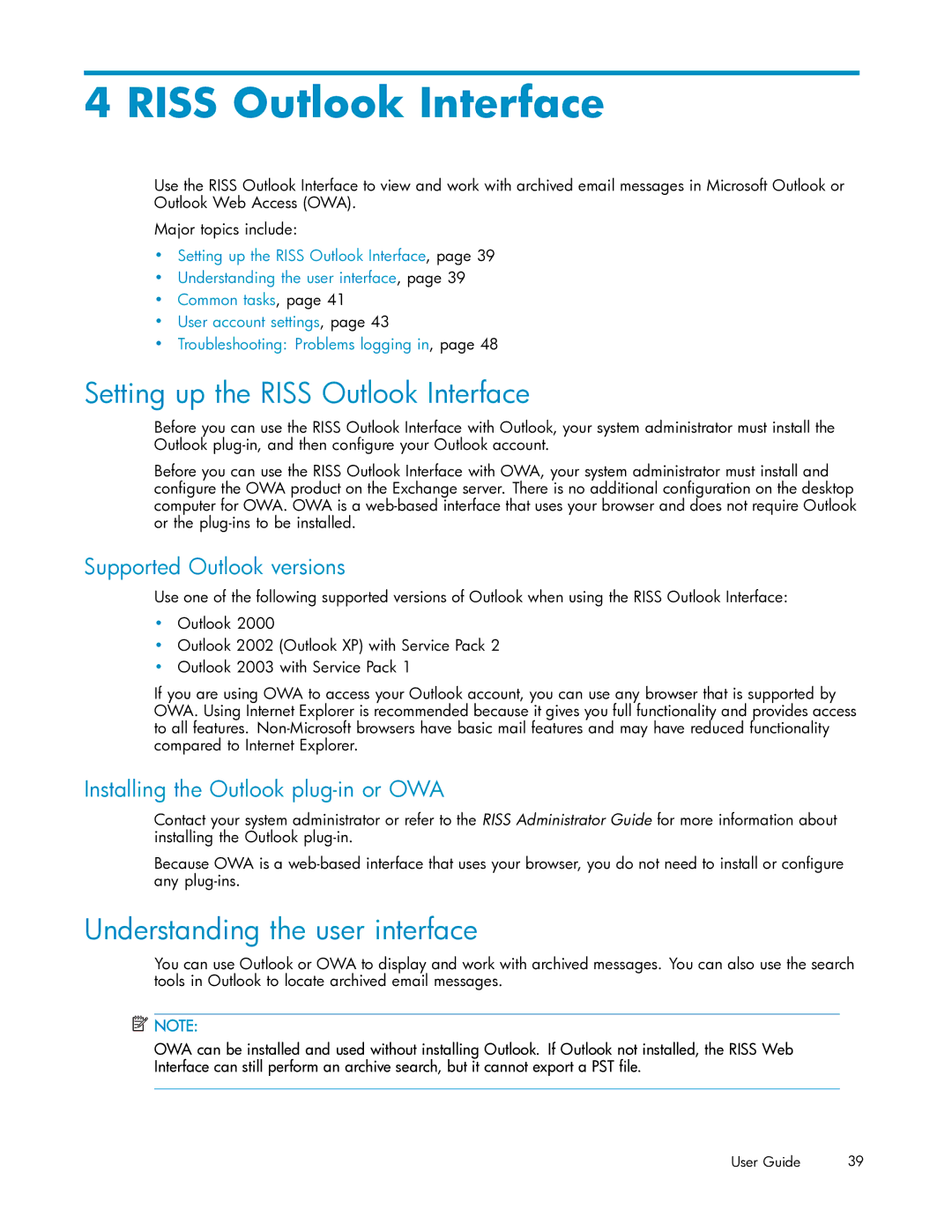 HP RISS Components manual Setting up the Riss Outlook Interface, Supported Outlook versions 