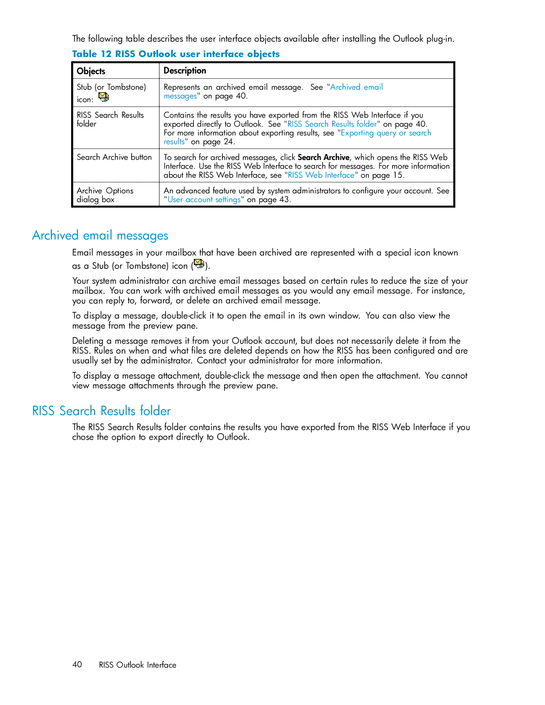 HP RISS Components manual Archived email messages, Riss Search Results folder, Riss Outlook user interface objects 