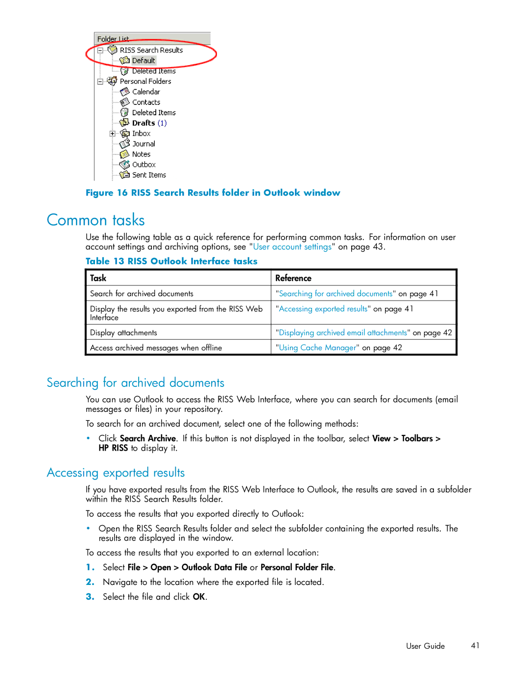 HP RISS Components manual Searching for archived documents, Accessing exported results, Riss Outlook Interface tasks 