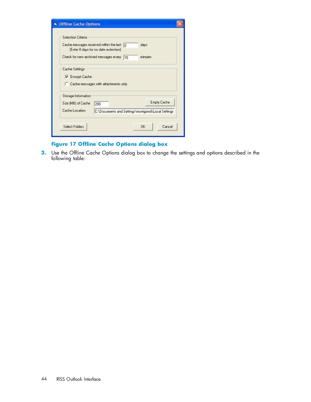 HP RISS Components manual Ofﬂine Cache Options dialog box 