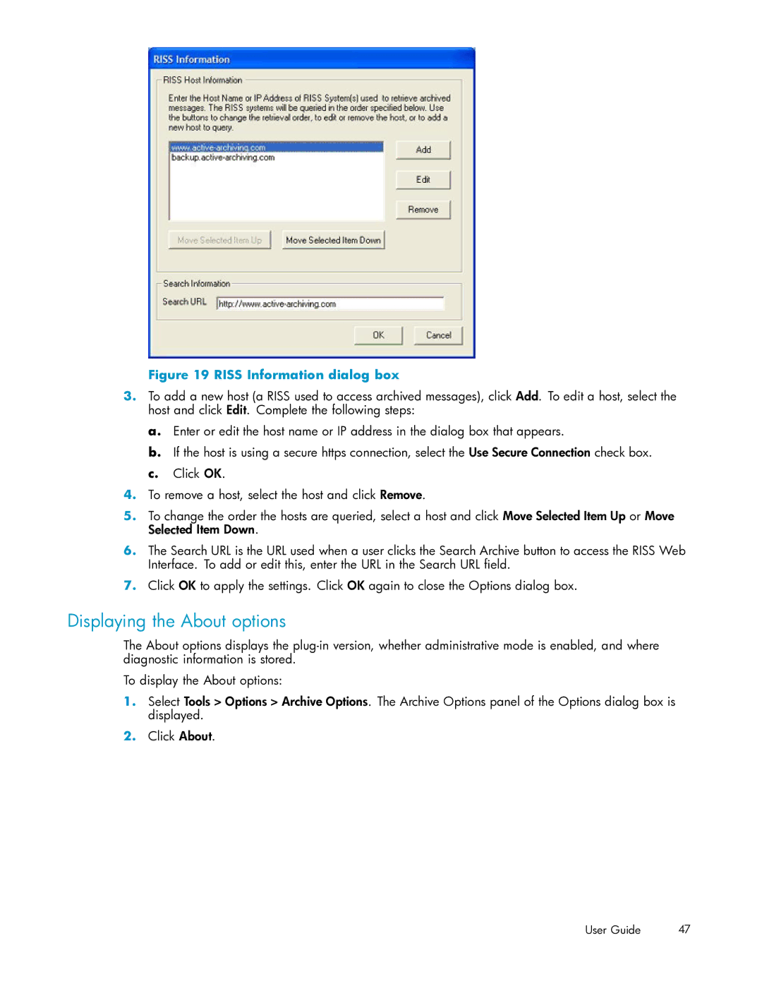 HP RISS Components manual Displaying the About options, Riss Information dialog box 