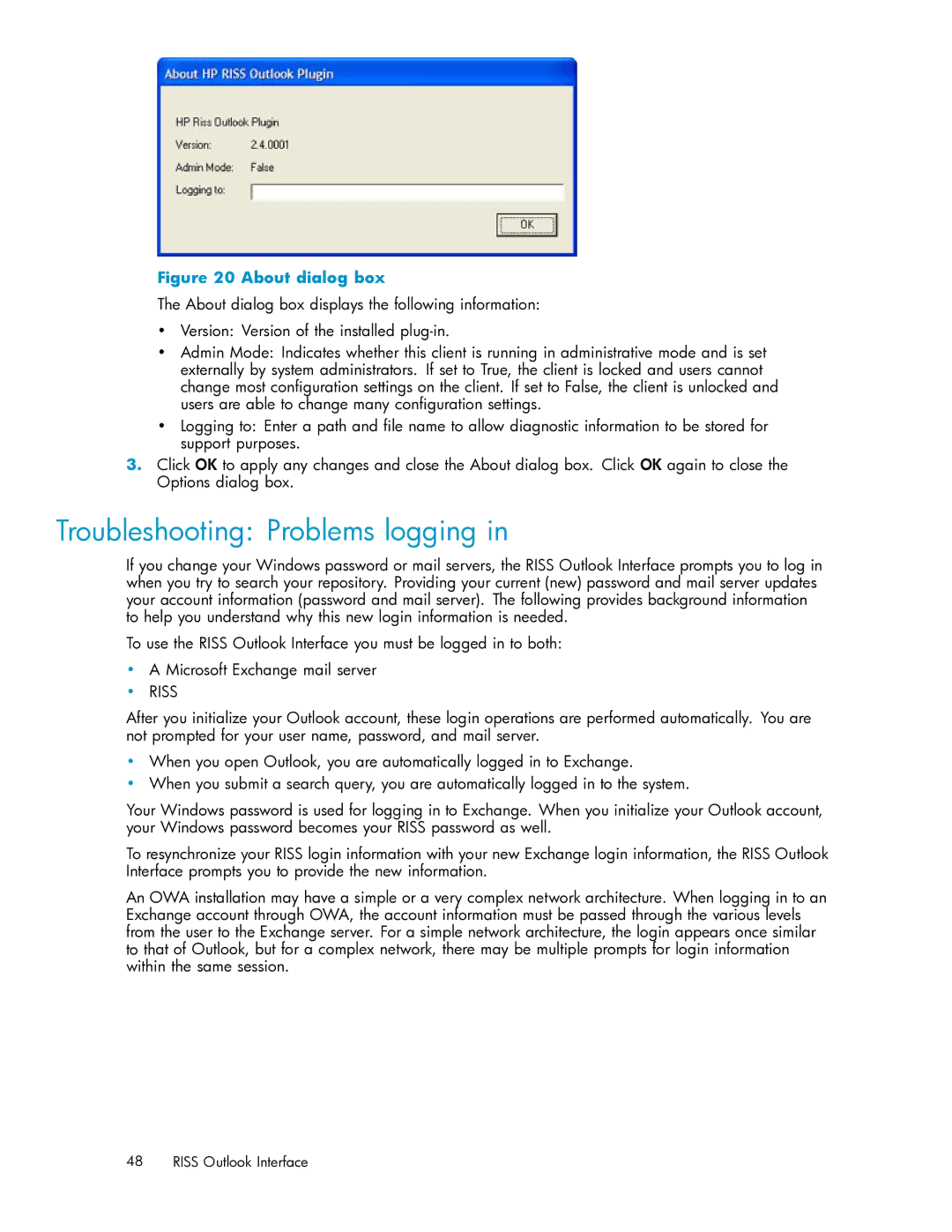 HP RISS Components manual Troubleshooting Problems logging, About dialog box 