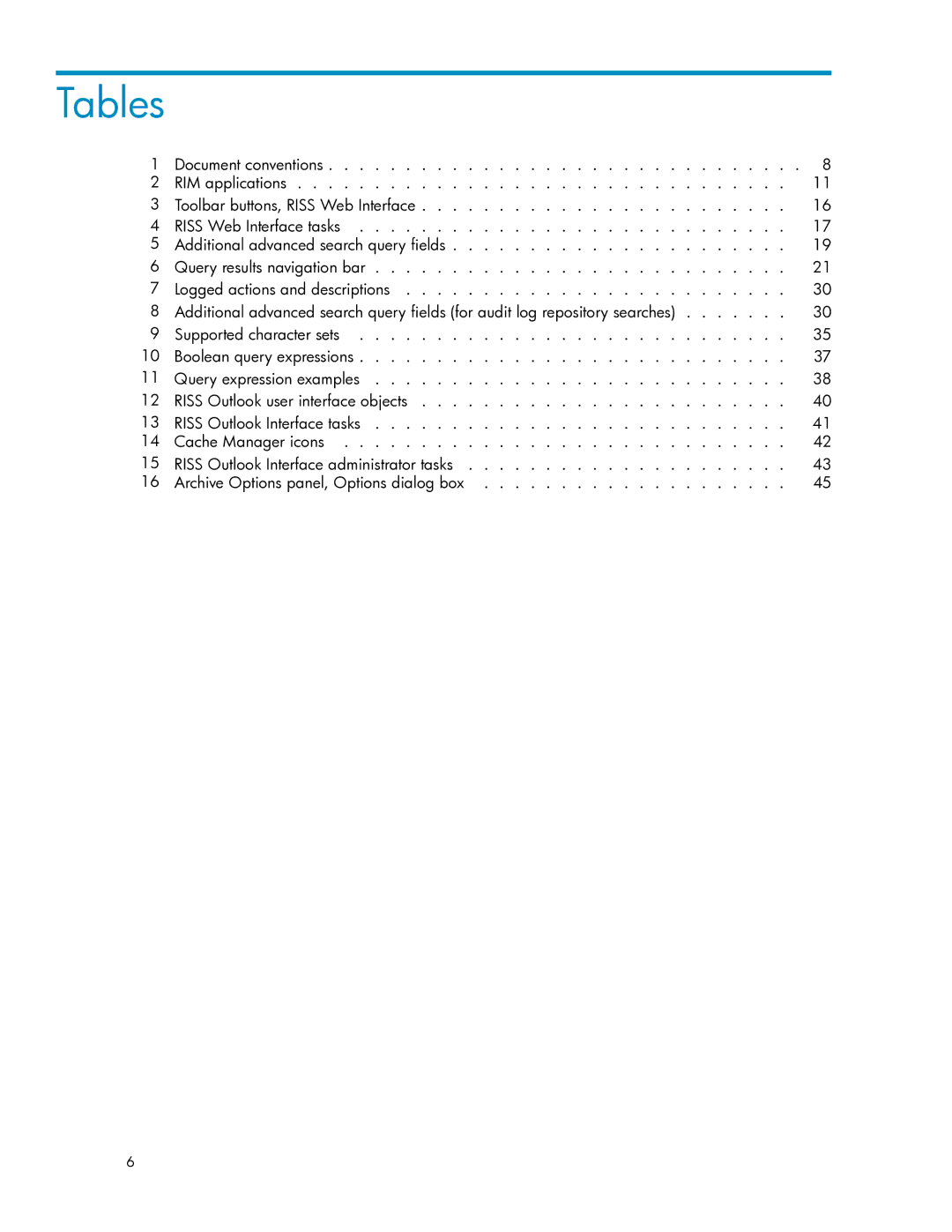 HP RISS Components manual Tables 