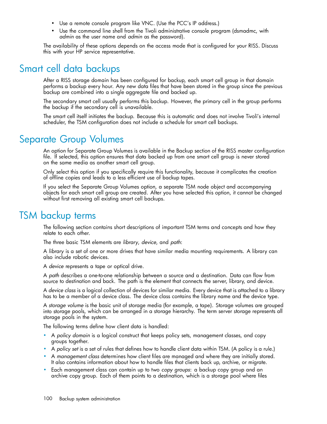 HP RISS Components manual Smart cell data backups, Separate Group Volumes, TSM backup terms 