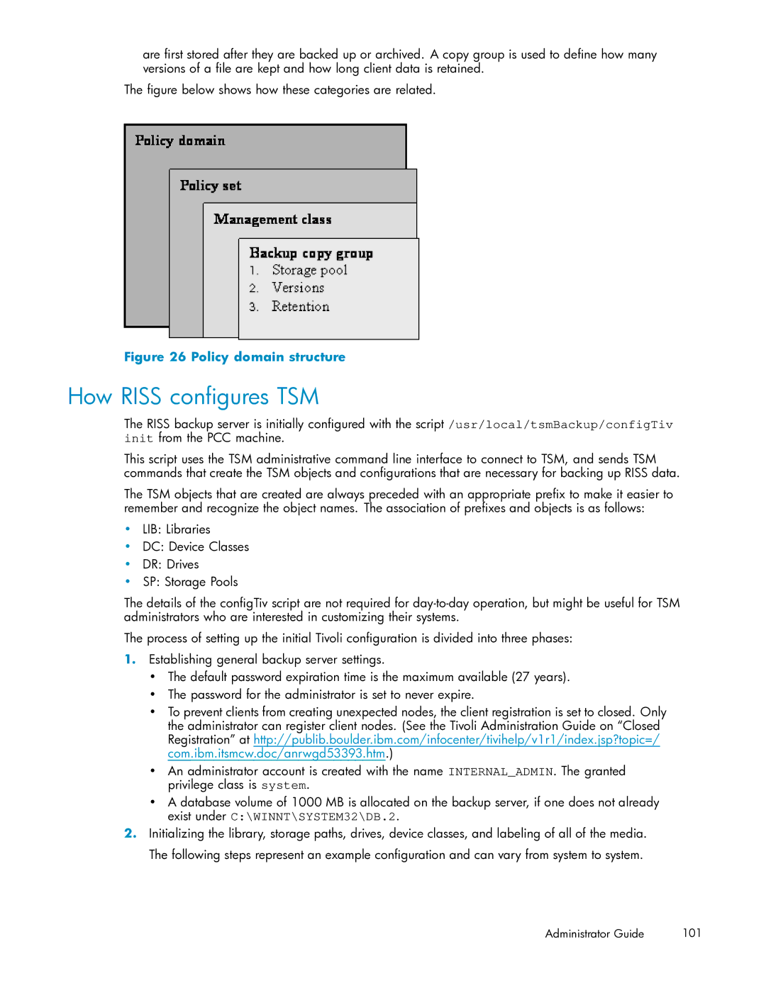 HP RISS Components manual How Riss conﬁgures TSM, Policy domain structure 