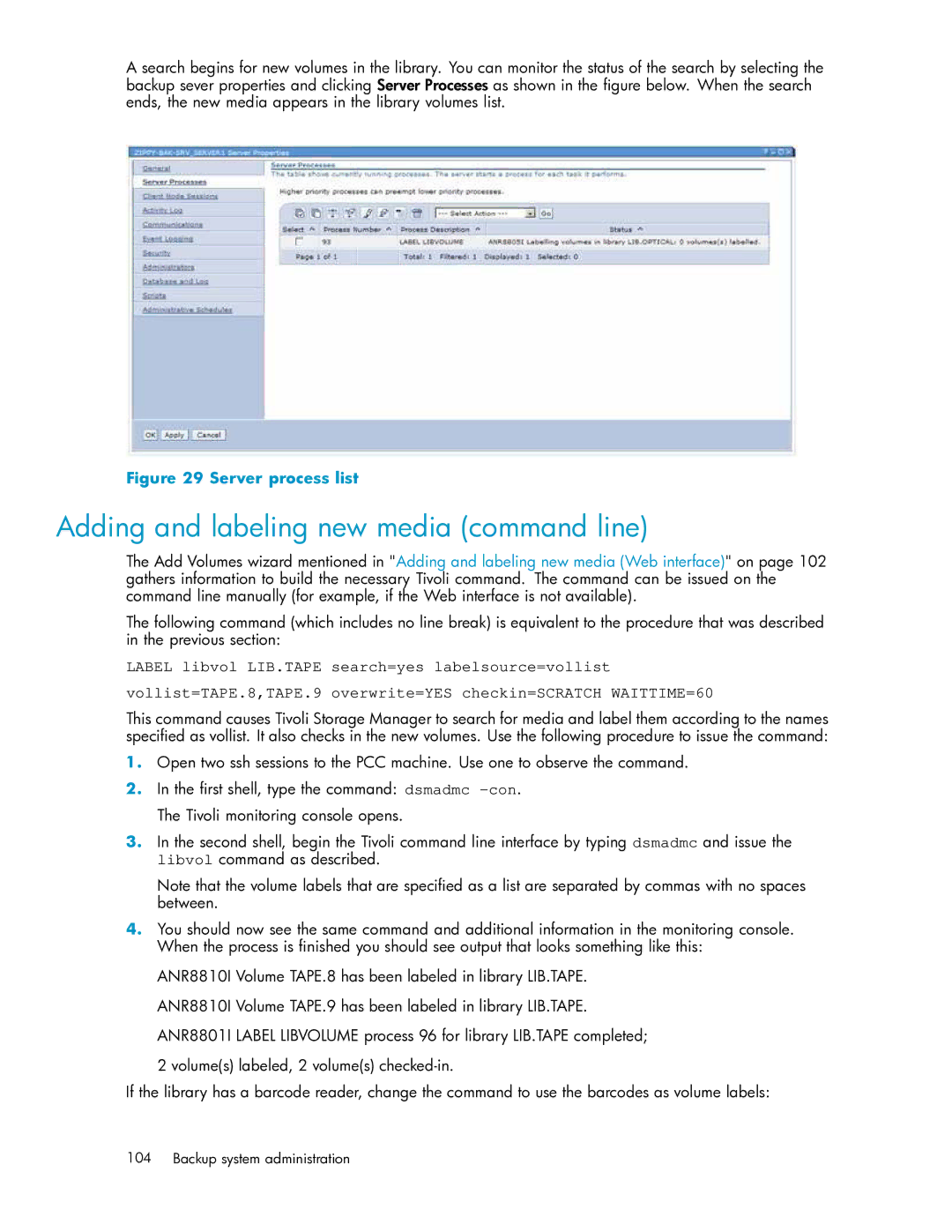 HP RISS Components manual Adding and labeling new media command line, Server process list 