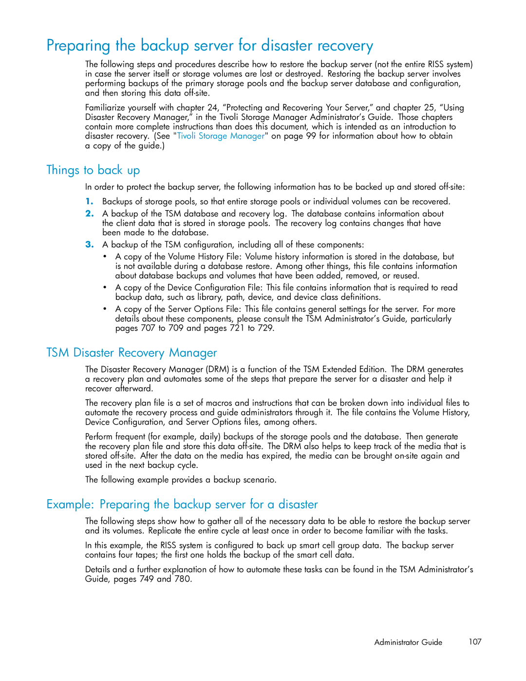 HP RISS Components Preparing the backup server for disaster recovery, Things to back up, TSM Disaster Recovery Manager 