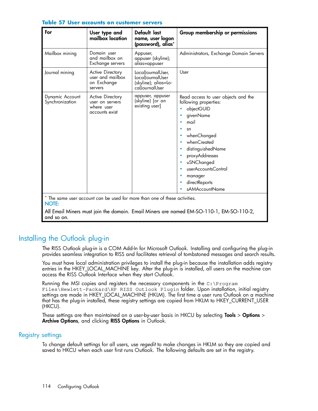 HP RISS Components manual Installing the Outlook plug-in, Registry settings, User accounts on customer servers 