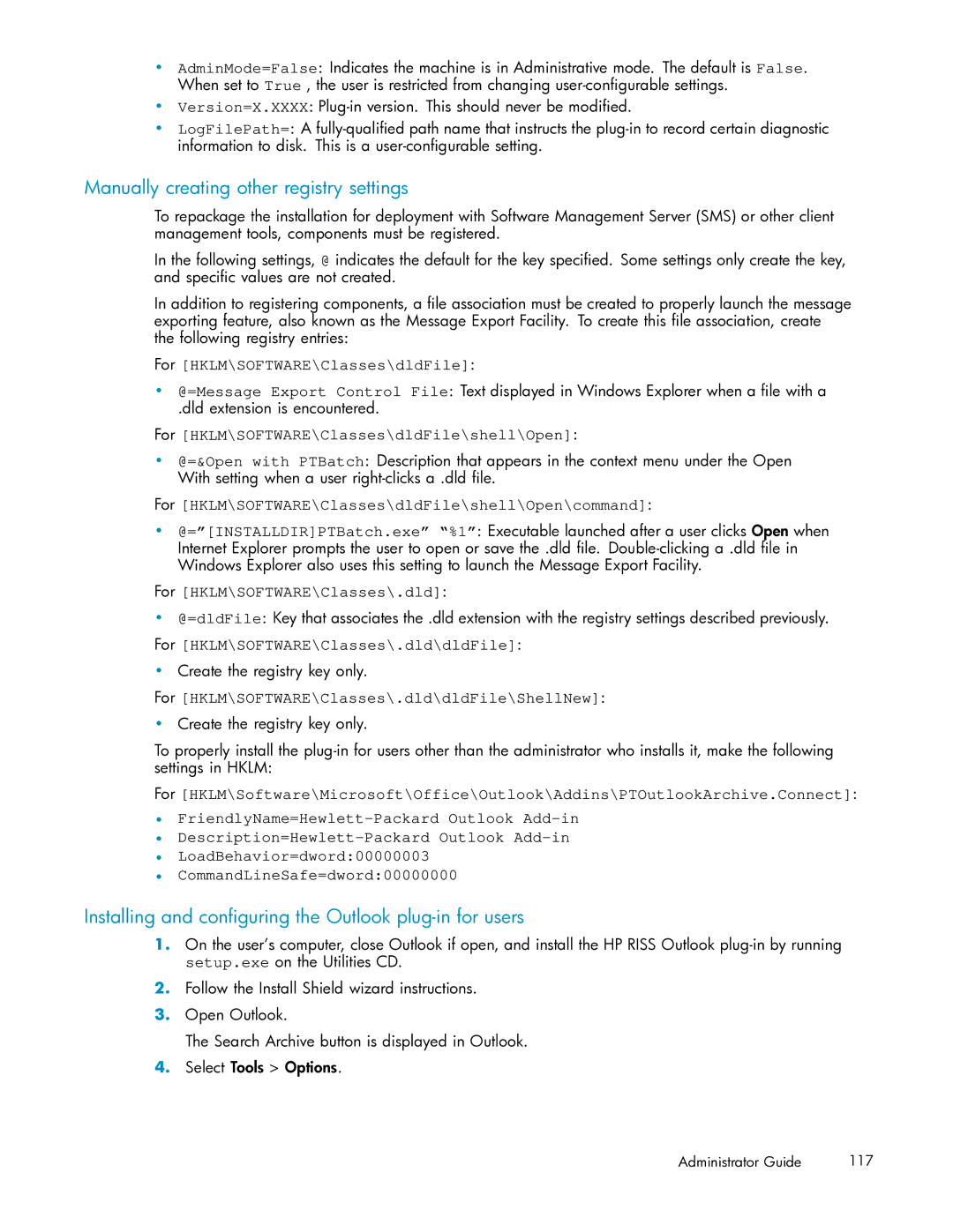 HP RISS Components Manually creating other registry settings, Installing and conﬁguring the Outlook plug-in for users 