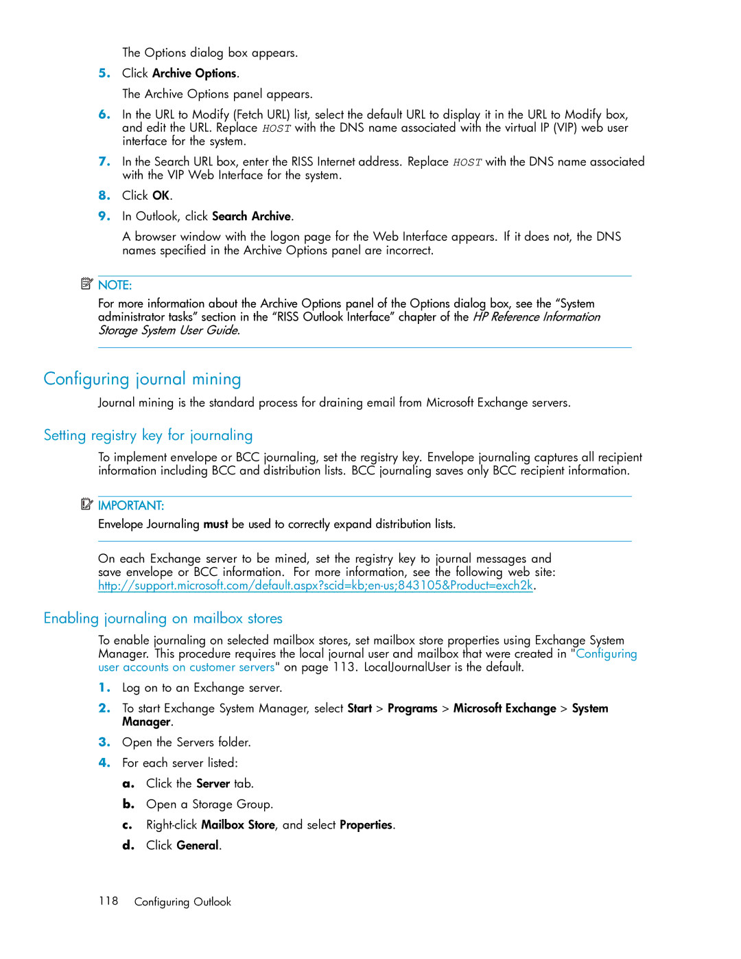 HP RISS Components Conﬁguring journal mining, Setting registry key for journaling, Enabling journaling on mailbox stores 