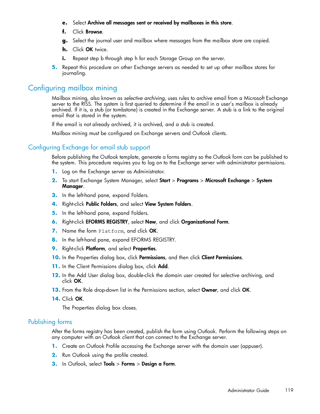 HP RISS Components manual Conﬁguring mailbox mining, Conﬁguring Exchange for email stub support, Publishing forms 