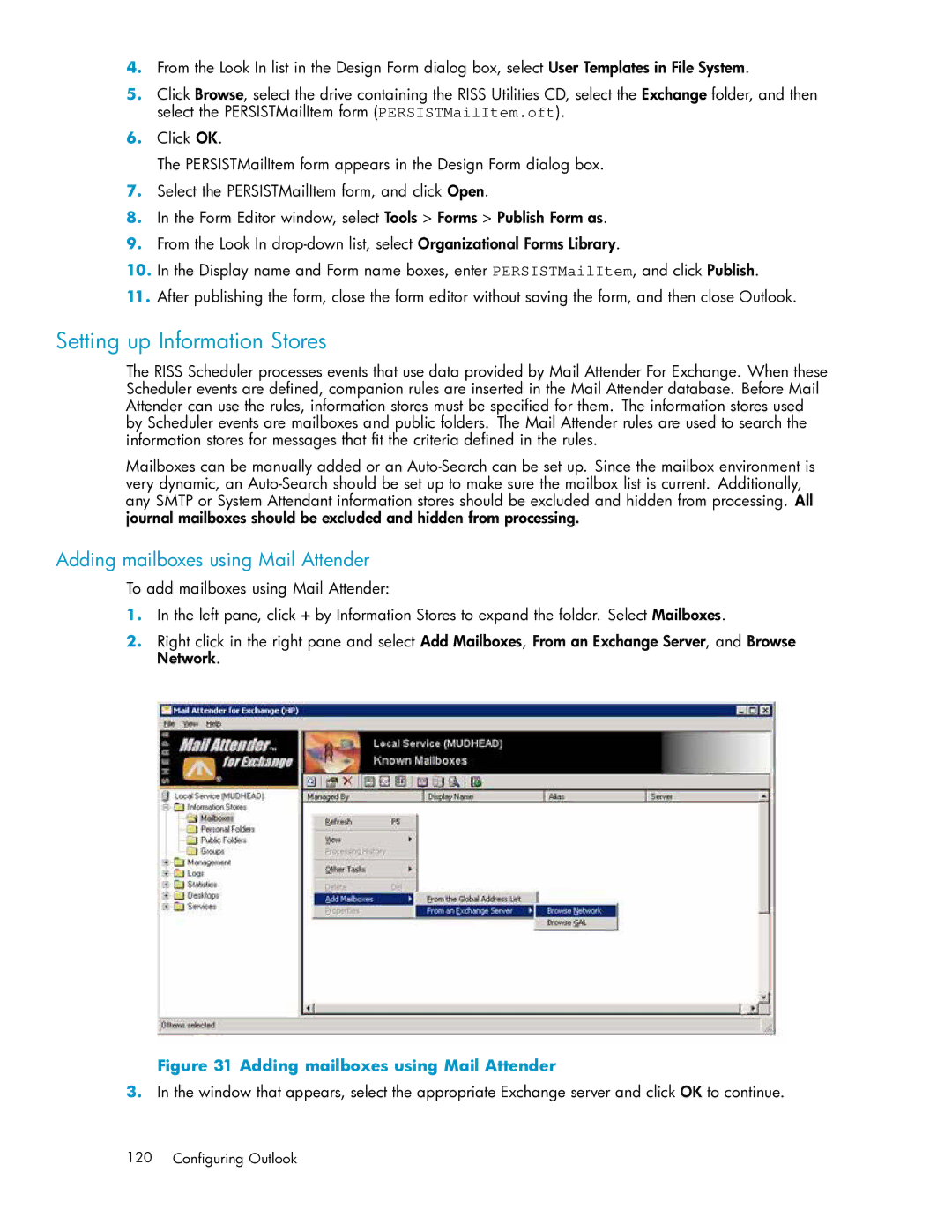 HP RISS Components manual Setting up Information Stores, Adding mailboxes using Mail Attender 