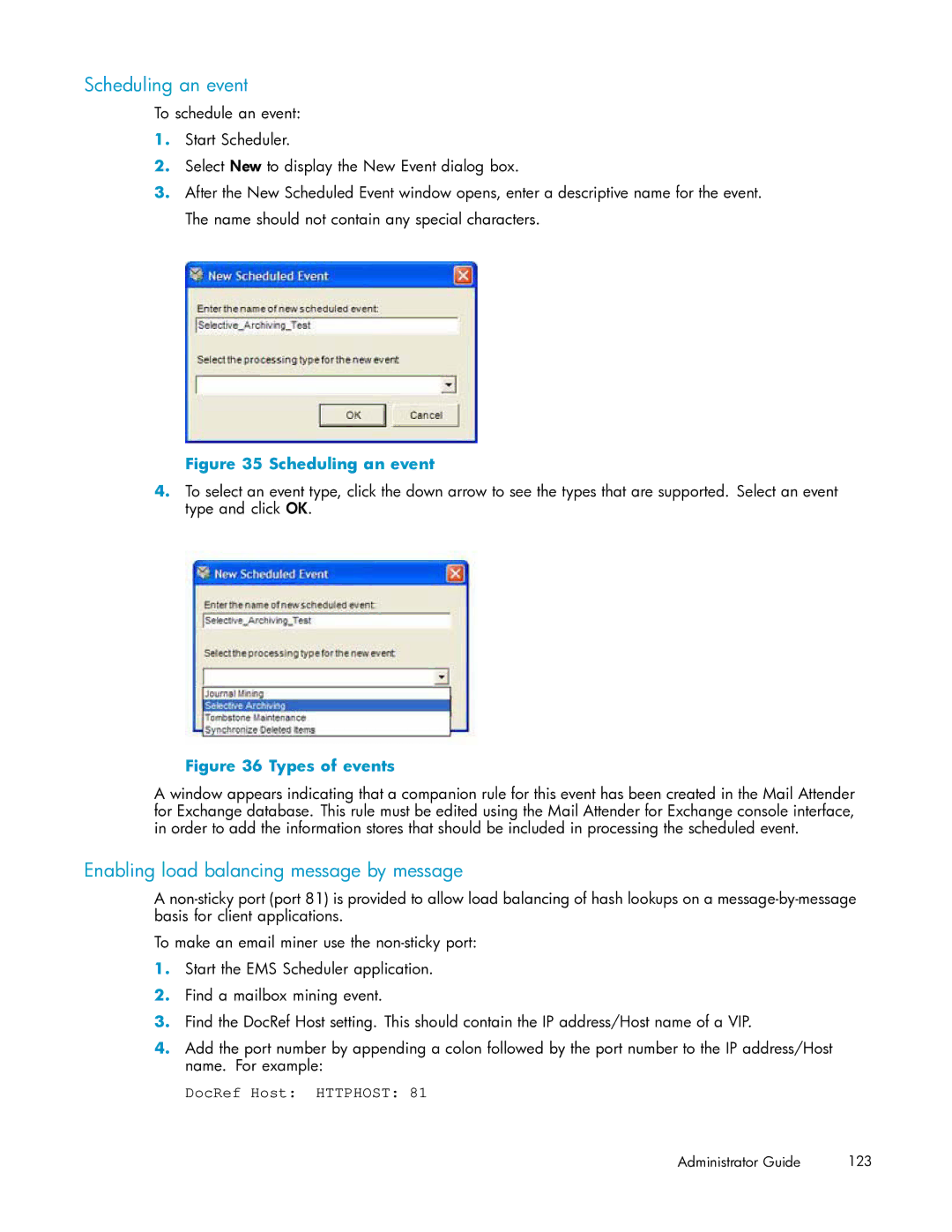 HP RISS Components manual Scheduling an event, Enabling load balancing message by message, DocRef Host Httphost 