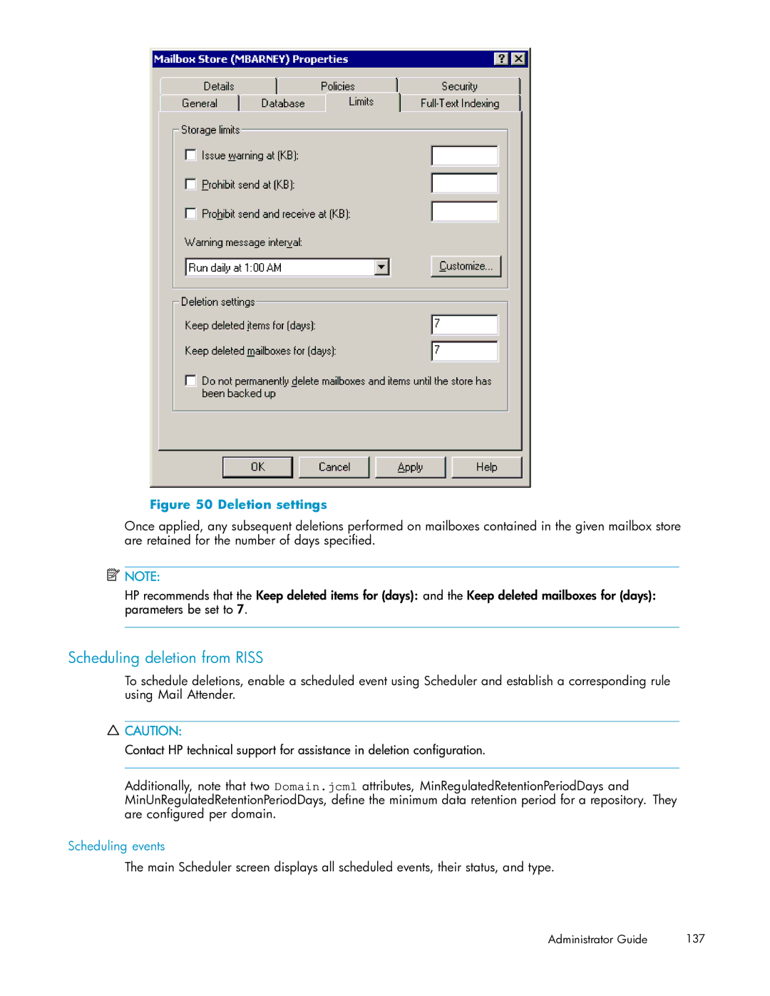 HP RISS Components manual Scheduling deletion from Riss, Deletion settings 