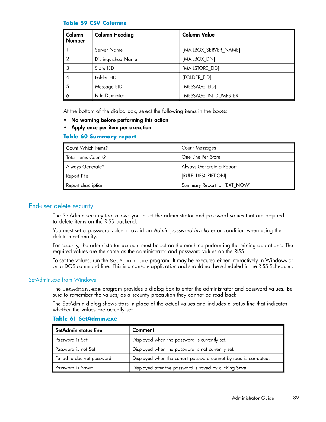 HP RISS Components manual End-user delete security, CSV Columns, Summary report, SetAdmin.exe 