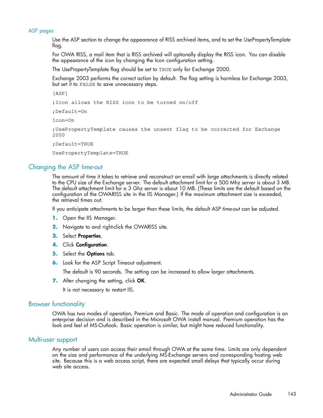 HP RISS Components manual Changing the ASP time-out, Browser functionality, Multi-user support 