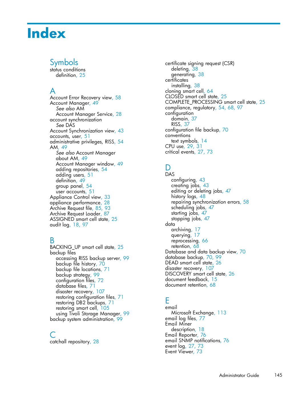 HP RISS Components Index, Account Error Recovery view Account Manager, Account Manager Service, 28 account synchronization 