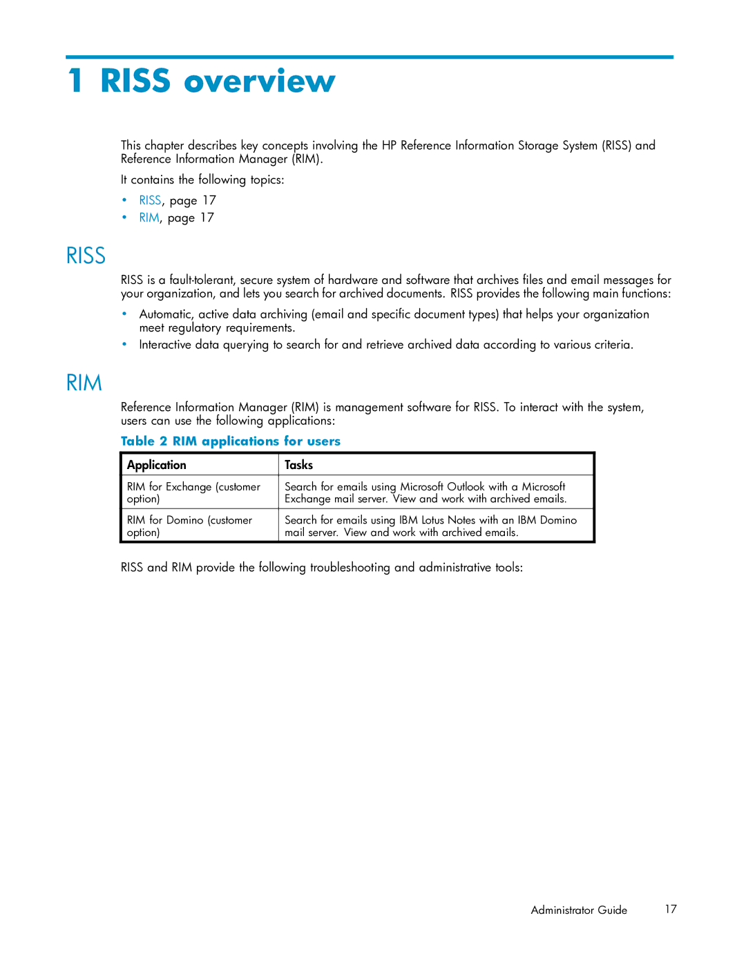 HP RISS Components manual Riss overview, RIM applications for users, Application Tasks 