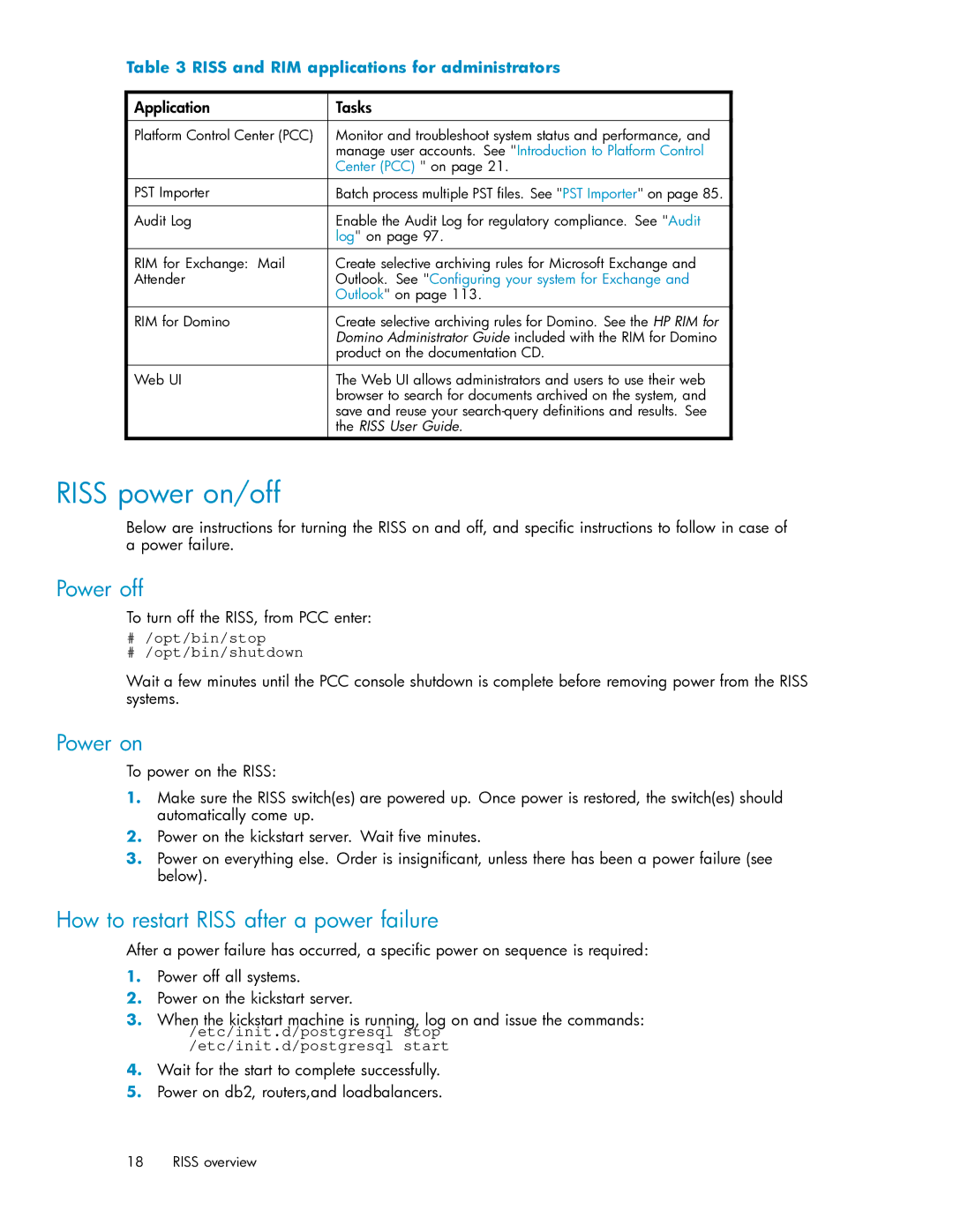 HP RISS Components manual Riss power on/off, Power off, Power on, How to restart Riss after a power failure 