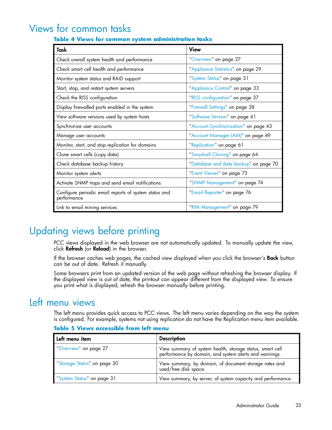 HP RISS Components manual Views for common tasks, Updating views before printing, Left menu views 