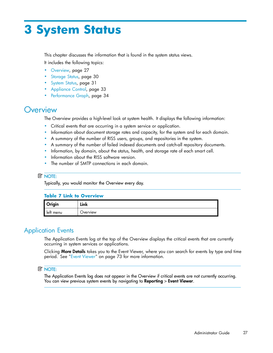 HP RISS Components manual System Status, Application Events, Link to Overview, Origin Link 