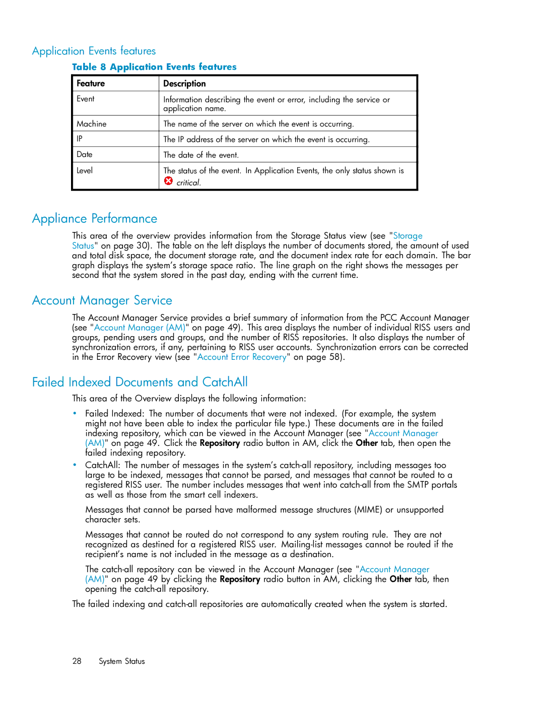 HP RISS Components manual Appliance Performance, Account Manager Service, Failed Indexed Documents and CatchAll 