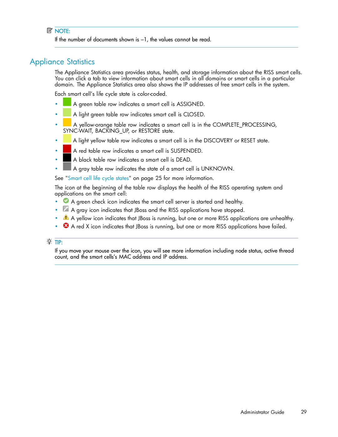 HP RISS Components manual Appliance Statistics, Tip 