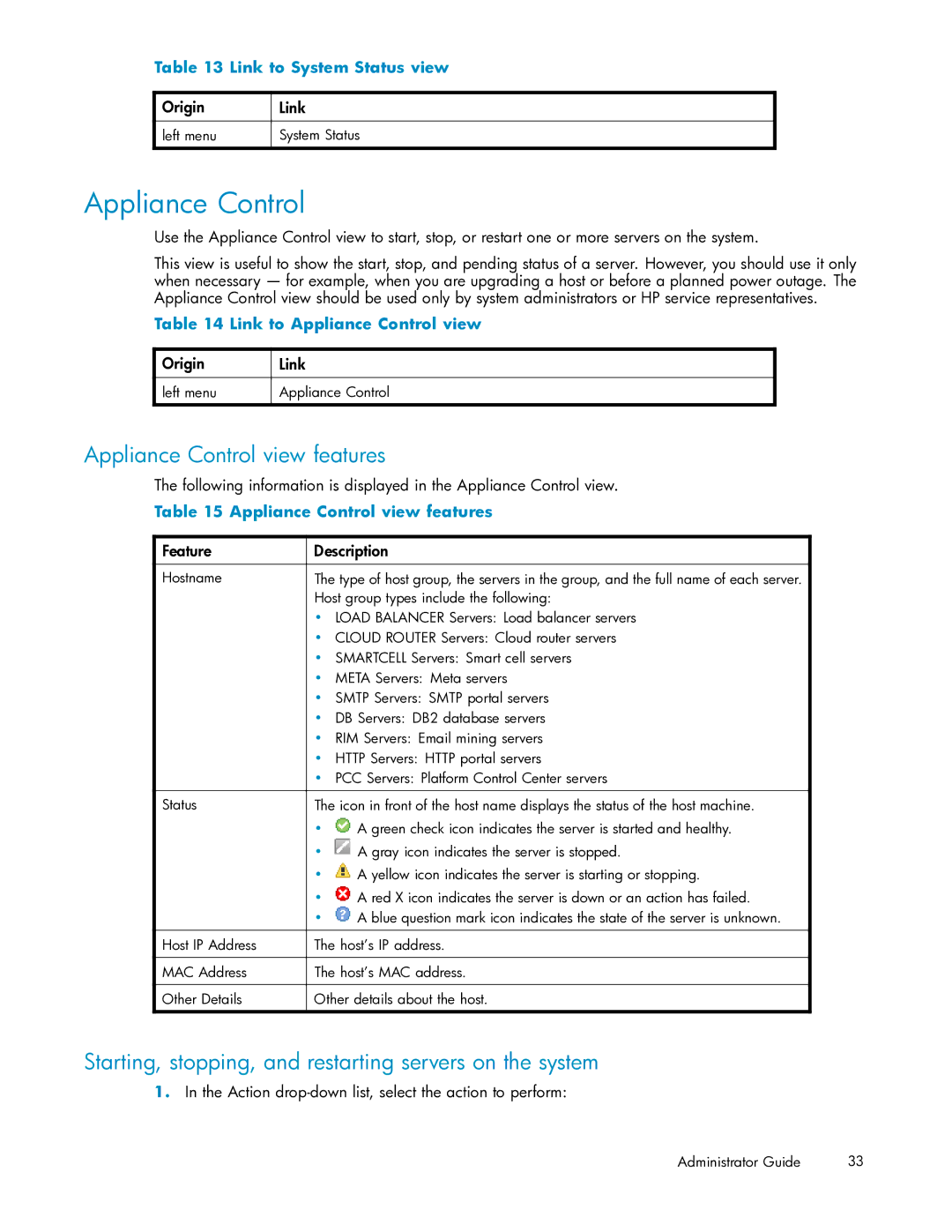 HP RISS Components manual Appliance Control view features, Starting, stopping, and restarting servers on the system 