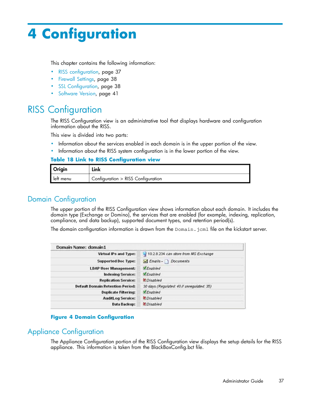 HP RISS Components manual Domain Conﬁguration, Appliance Conﬁguration, Link to Riss Conﬁguration view 