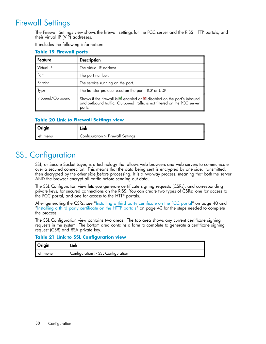 HP RISS Components manual Firewall ports, Link to Firewall Settings view, Link to SSL Conﬁguration view 