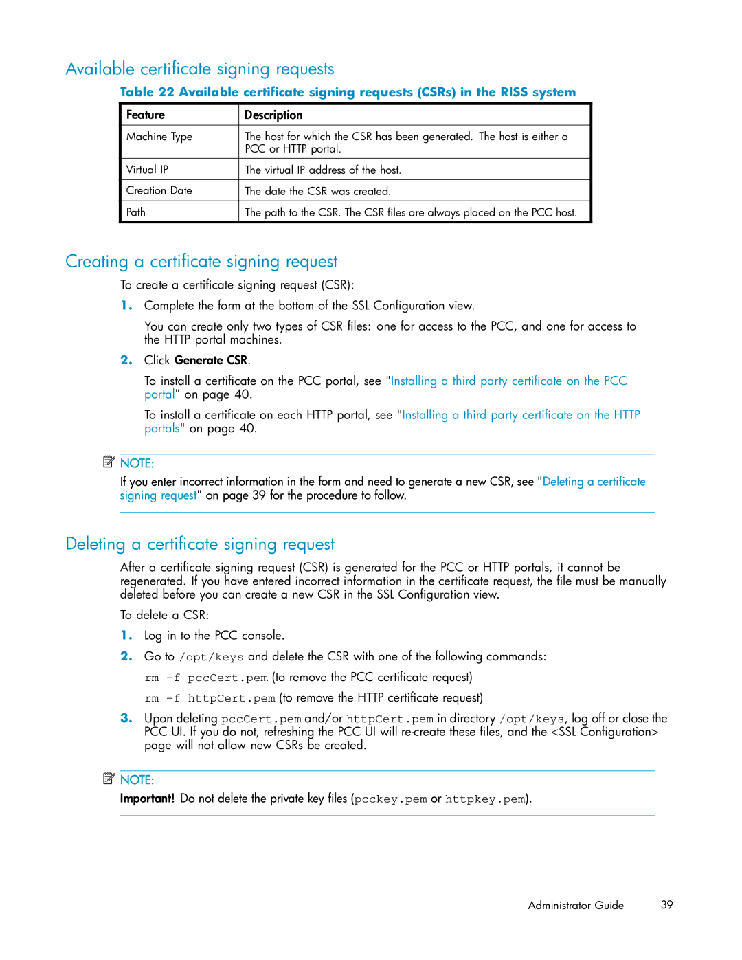 HP RISS Components manual Available certiﬁcate signing requests, Creating a certiﬁcate signing request 