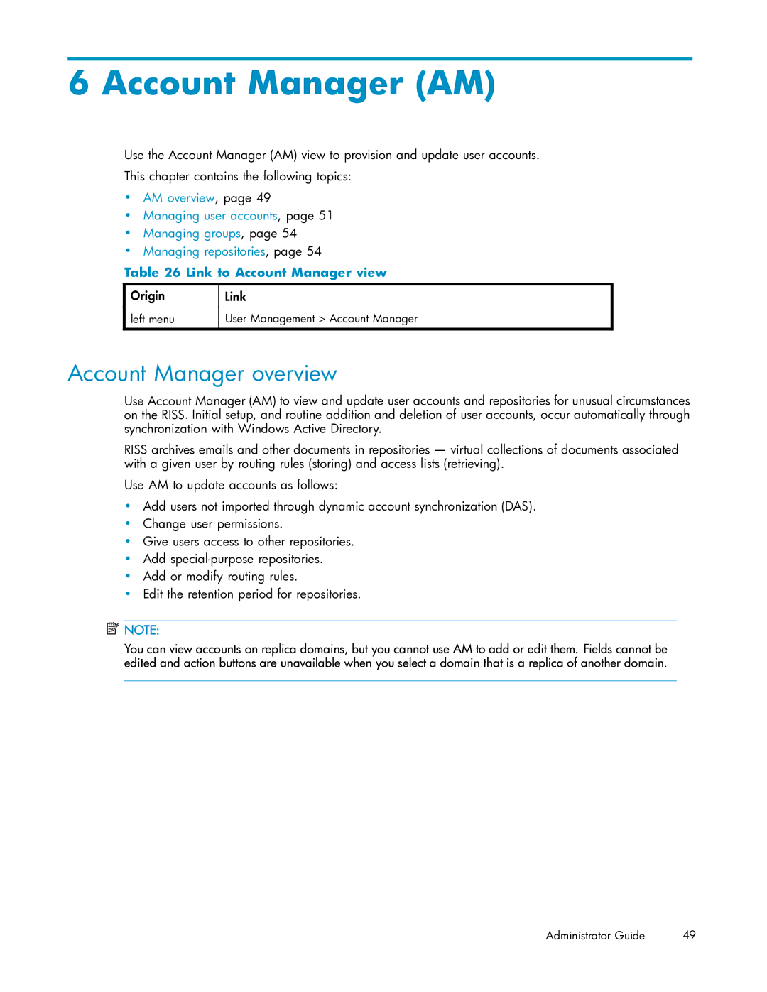 HP RISS Components manual Account Manager AM, Account Manager overview, Link to Account Manager view 