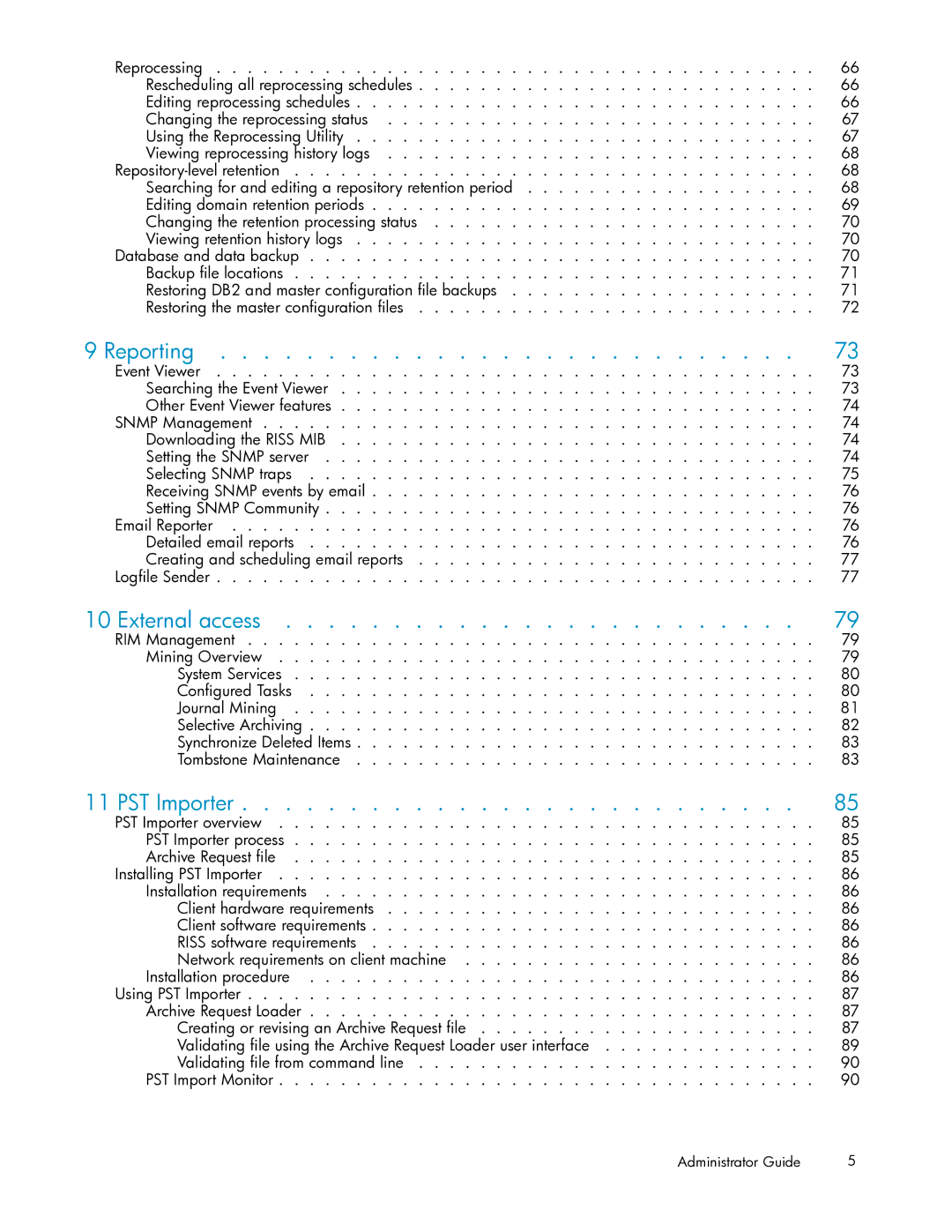 HP RISS Components manual Reporting, External access, PST Importer 