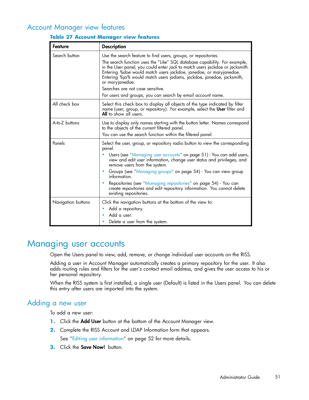 HP RISS Components manual Managing user accounts, Account Manager view features, Adding a new user 