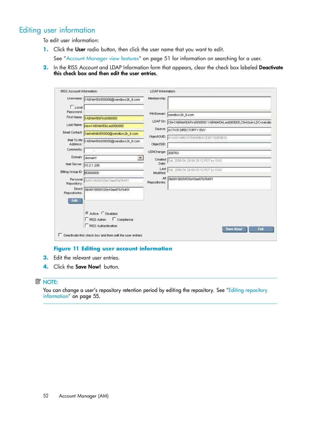 HP RISS Components manual Editing user information, Editing user account information 