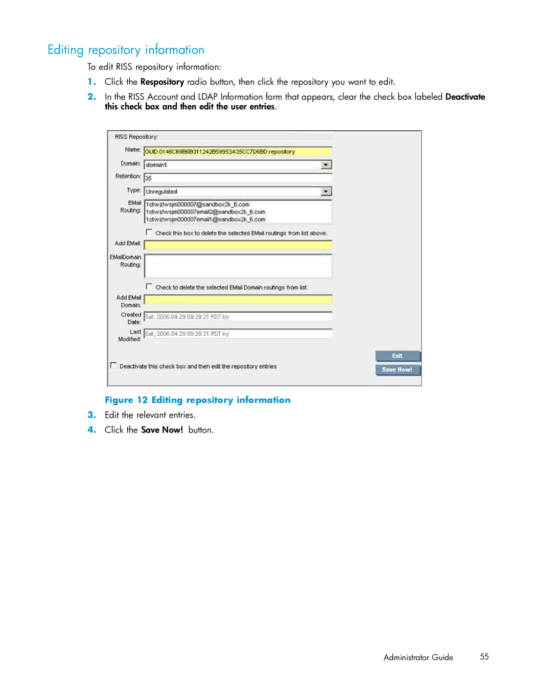HP RISS Components manual Editing repository information, Edit the relevant entries Click the Save Now! button 