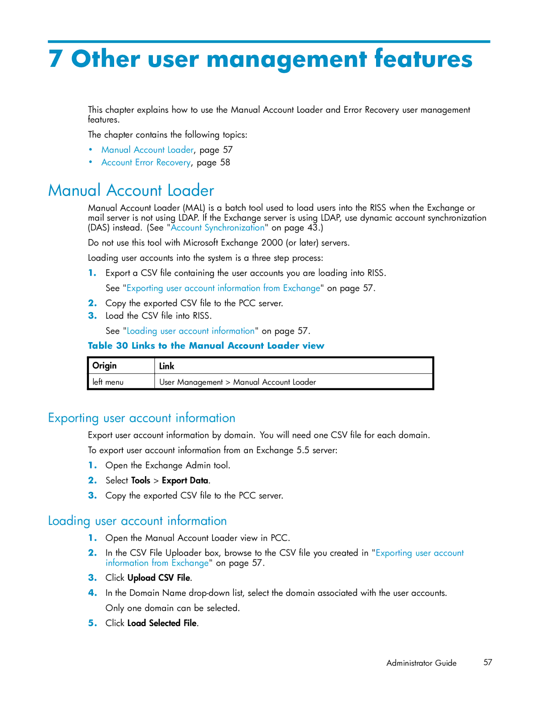 HP RISS Components manual Other user management features, Manual Account Loader, Exporting user account information 