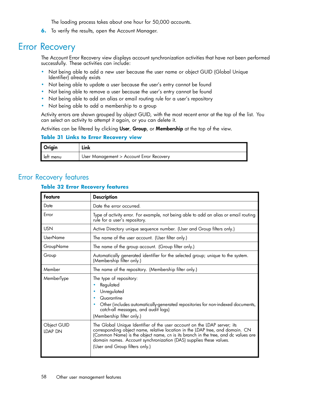 HP RISS Components manual Error Recovery features, Links to Error Recovery view 