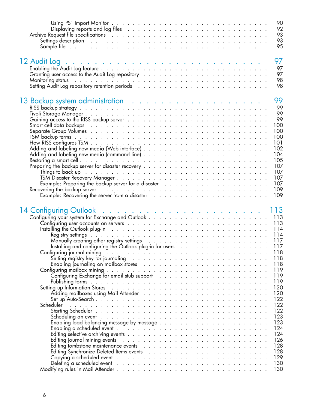 HP RISS Components manual Audit Log, Backup system administration, 14 Conﬁguring Outlook 113 