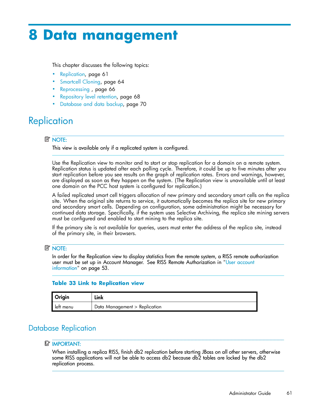 HP RISS Components manual Data management, Database Replication, This chapter discusses the following topics 