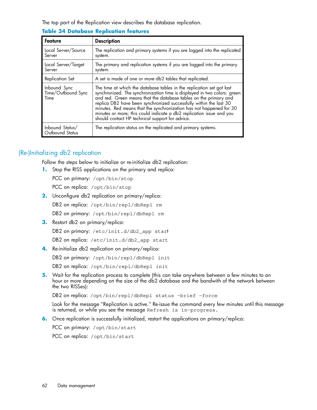 HP RISS Components manual Re-Initializing db2 replication, Database Replication features 